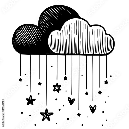 black and white vector of clouds raining stars and hearts, whimsical and dreamy sketch