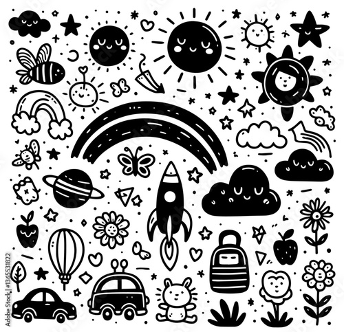 fun and cute vector of cartoon space, nature and weather doodles in black and white style