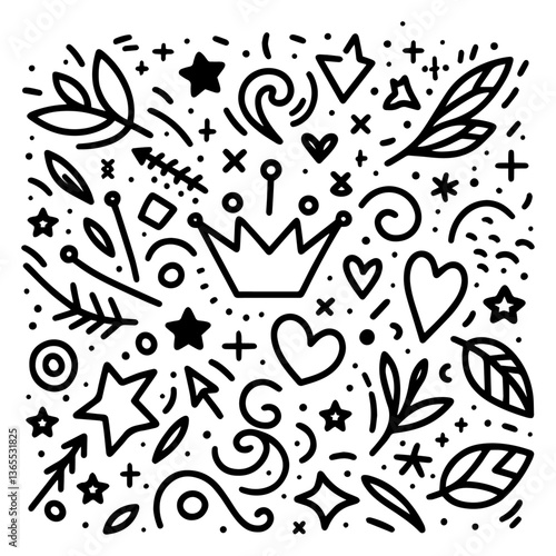 black and white vector pattern of crown, hearts, leaves and abstract doodle elements