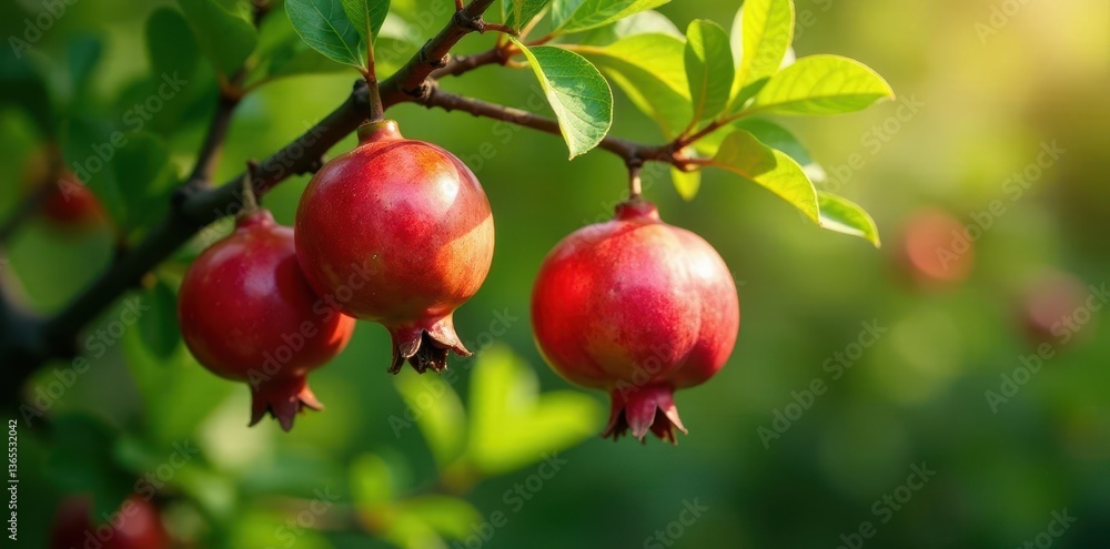 Abundant pomegranates, plump and crimson, hang heavy on a lush green tree , food, plant Abundant pomegranates, plump and crimson, hang heavy on a lush green tree , food, plant