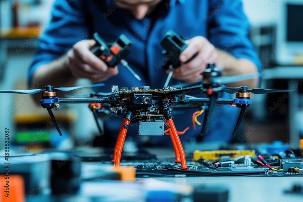 Engineer focuses on assembling a quadcopter drone in a tech laboratory. Engineer focuses on assembling a quadcopter drone in a tech laboratory.