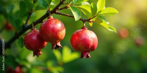 Abundant pomegranates, plump and crimson, hang heavy on a lush green tree , food, plant