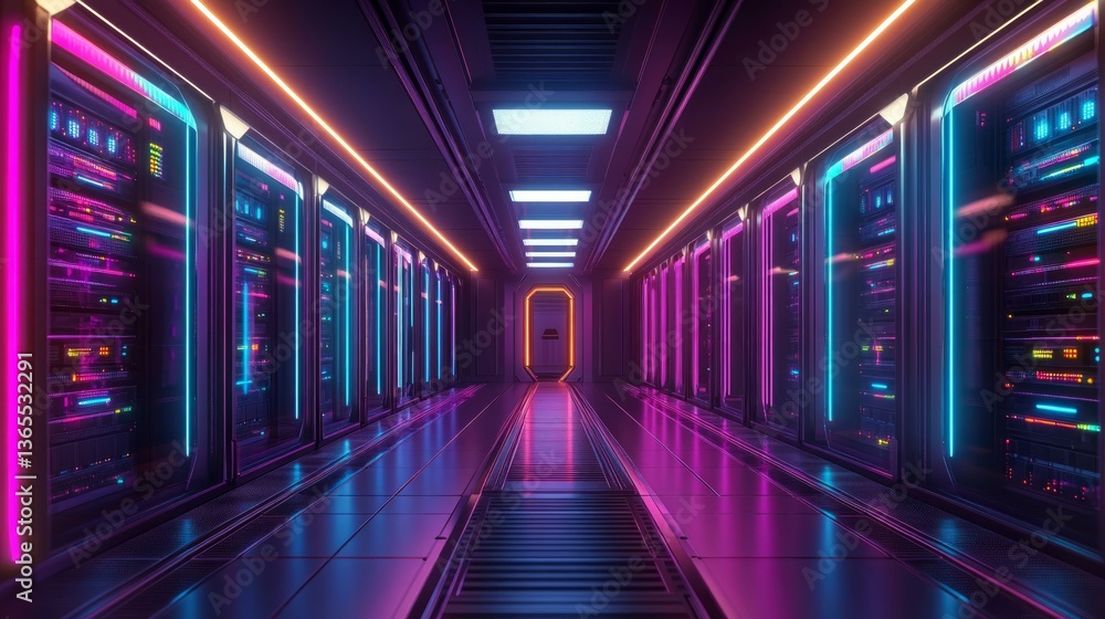 Fototapeta premium Futuristic Data Center Interior With Neon Lights, High-Tech Innovation