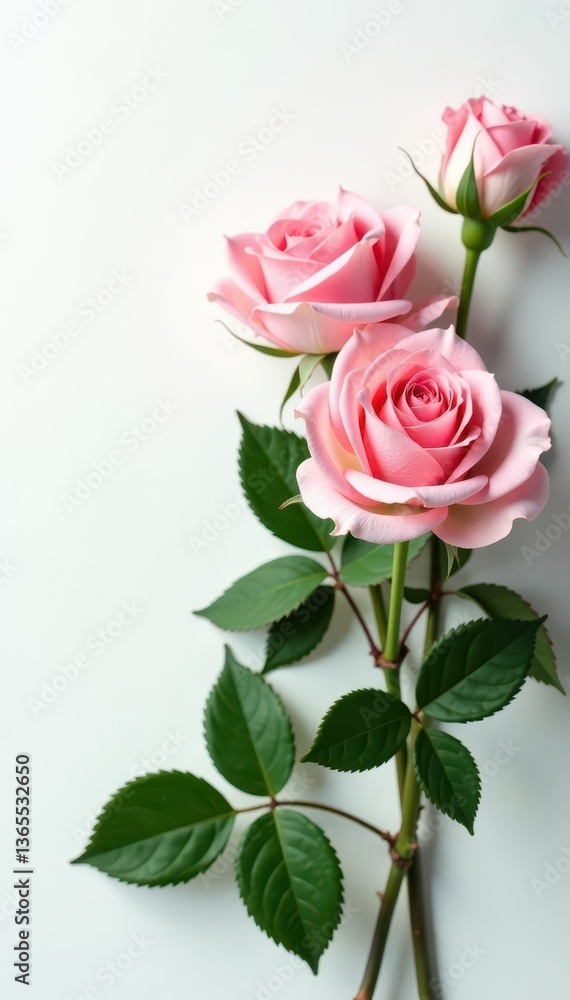 Naklejka premium Delicate pink roses, lush green leaves, pristine white backdrop , romantic, photography, picture