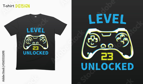 "Level 23 Unlocked" Retro vintage controller design. Funny birthday gaming style T-shirt template design. Eps 10 vector