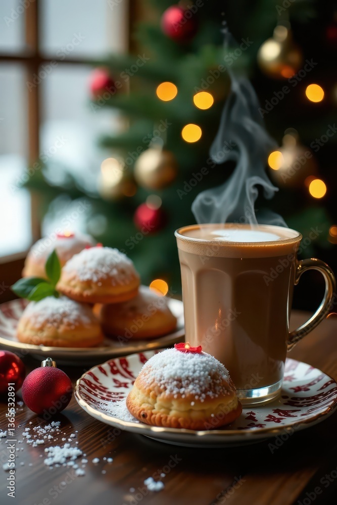 Festive handcrafted ornaments, steaming beverages, sweet treats, background, cheerful, food Festive handcrafted ornaments, steaming beverages, sweet treats, background, cheerful, food