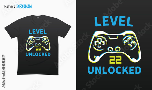 "Level 22 Unlocked" Retro vintage controller design. Funny birthday gaming style T-shirt template design. Eps 10 vector