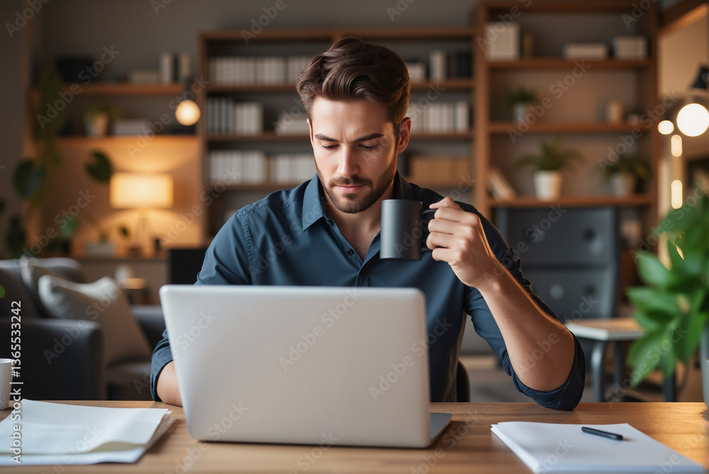 Male Freelancer Analyzing Tax Document While Drinking Coffee in Cozy Home Office for Income Tax Return Themes Male Freelancer Analyzing Tax Document While Drinking Coffee in Cozy Home Office for Income Tax Return Themes