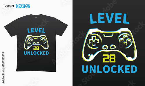 "Level 28 Unlocked" Retro vintage controller design. Funny birthday gaming style T-shirt template design. Eps 10 vector