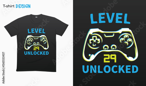 "Level 29 Unlocked" Retro vintage controller design. Funny birthday gaming style T-shirt template design. Eps 10 vector