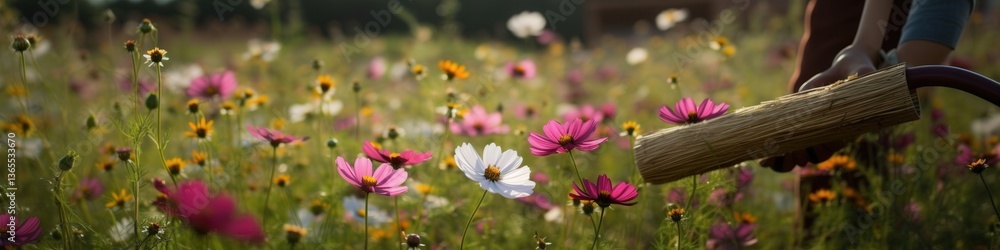 Hands watering vibrant wildflowers in a sunny meadow, creating a tranquil and nurturing scene. Hands watering vibrant wildflowers in a sunny meadow, creating a tranquil and nurturing scene.