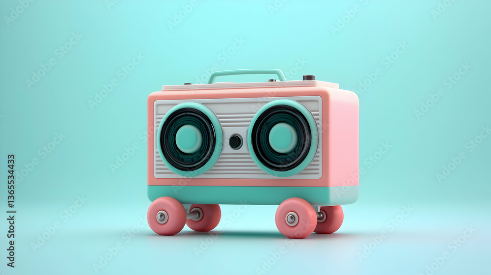 Fototapeta premium Pastel Pink and Teal Retro Boombox on Roller Skates
