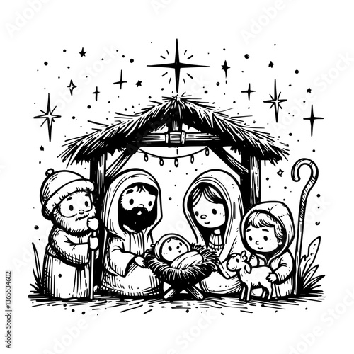 Cute nativity scene with Holy Family under stable – hand‑drawn Christmas vector