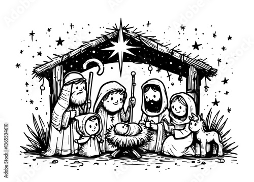 Cartoon nativity with shepherds and wise men – monochrome Christmas vector illustration