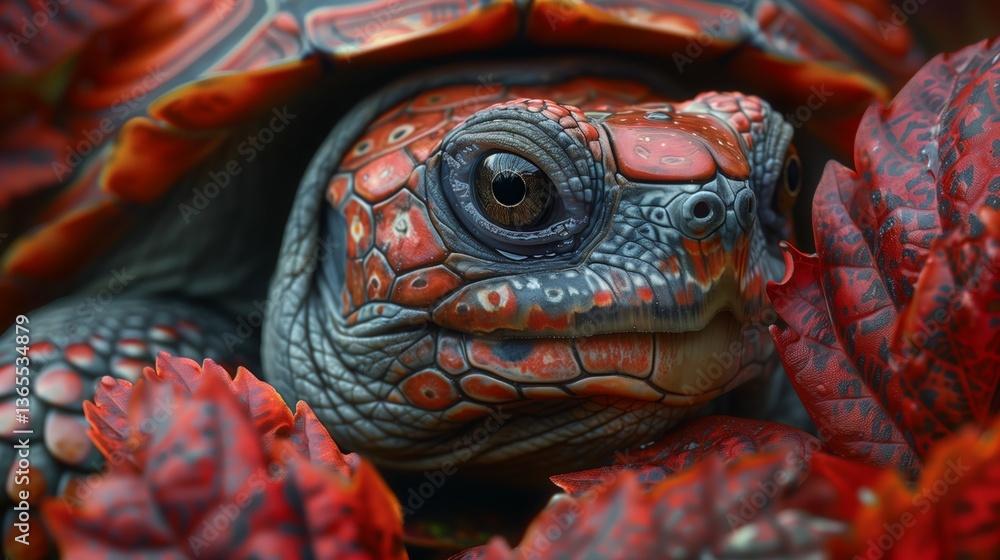 Closeup of a turtles eye surrounded by red leaves, a creative wildlife event Closeup of a turtles eye surrounded by red leaves, a creative wildlife event