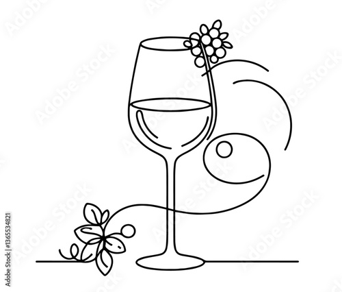 wine glass with grapes and leaves, minimal continuous line vector drawing