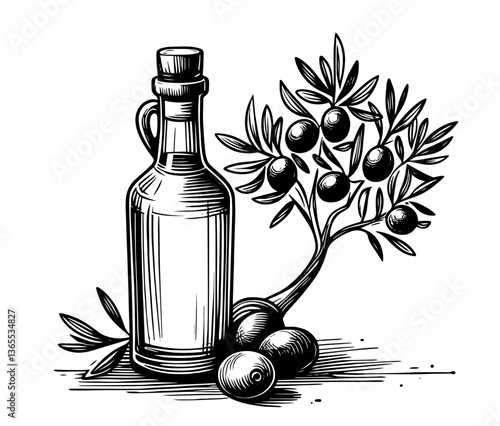 vector of olive tree and oil bottle in detailed black and white engraving style