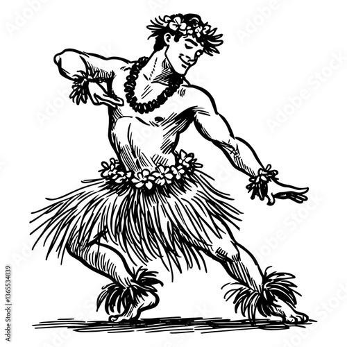male hula dancer in grass skirt and lei, hawaiian vector