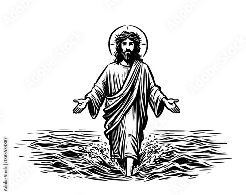 black and white vector illustration of jesus walking on water, classic biblical miracle