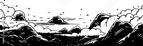 black and white misty peak sketch vector