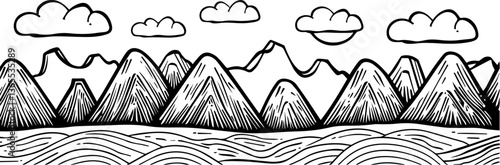 Mountain landscape banner with river – hand‑drawn monochrome vector illustration