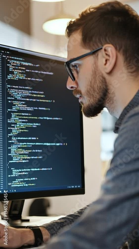 Focused software developer writing code in a modern office environment during daytime