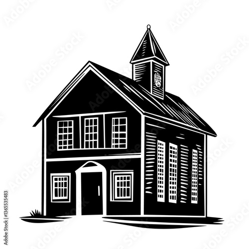 black vector of traditional school building with clock tower, vintage architecture