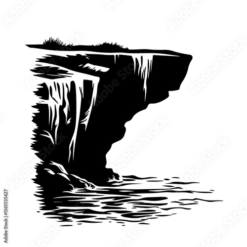 vector illustration of steep sea cliff with water, black and white nature scene