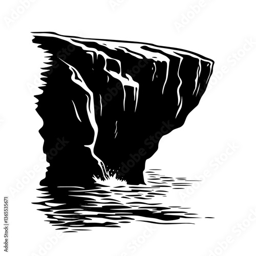vector illustration of cliff with jagged edge over water, black and white graphic