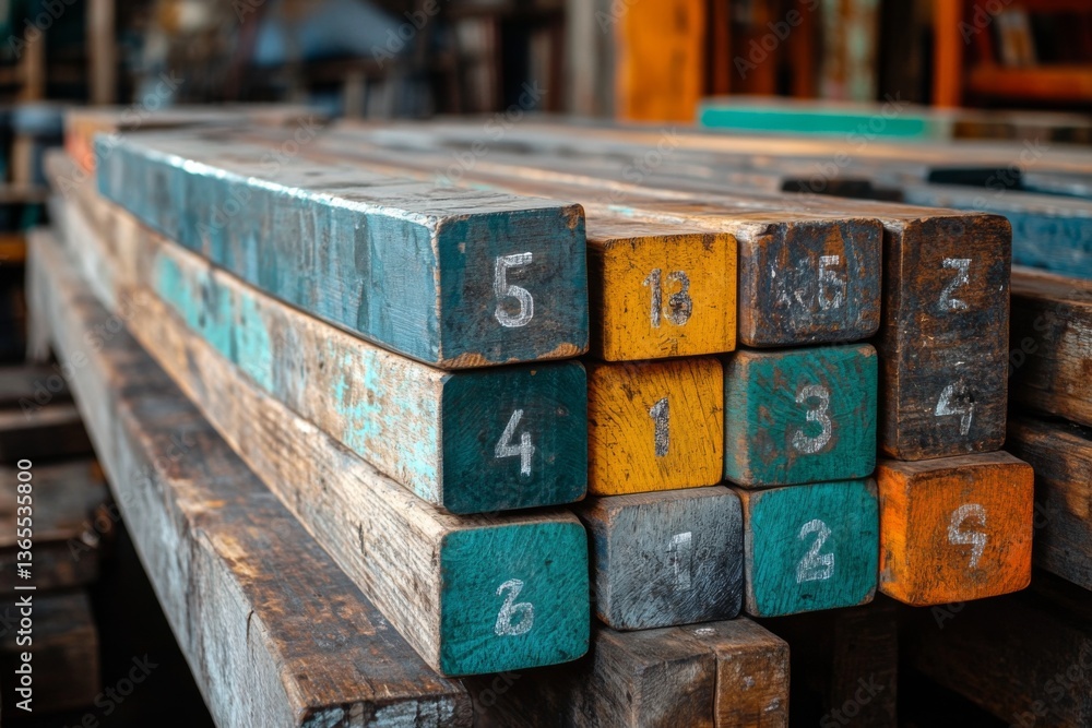 Stack of multicolored wooden blocks with numbers arranged in an orderly pattern Stack of multicolored wooden blocks with numbers arranged in an orderly pattern