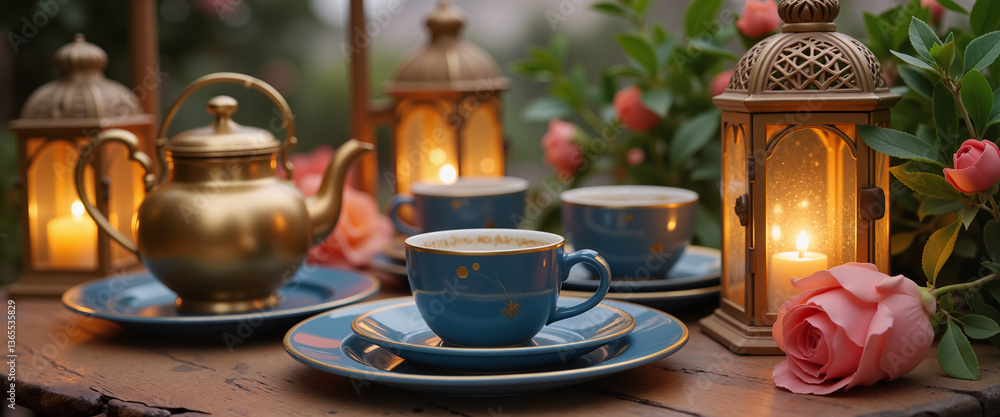 Naklejka premium Elegant Tea Setting With Lanterns in Garden, Cozy Atmosphere