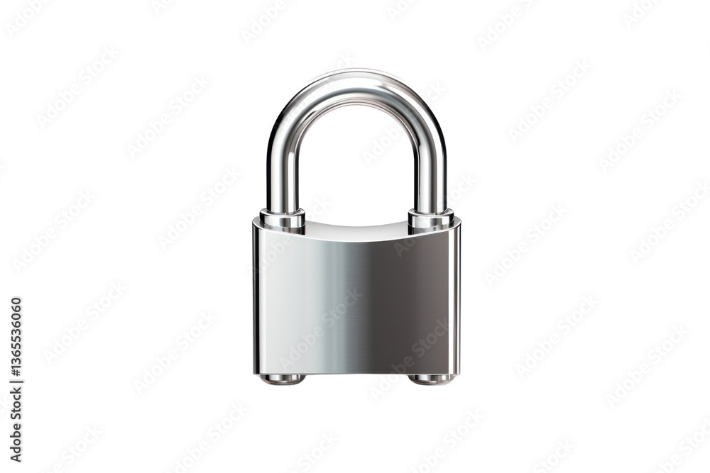 Shiny silver metallic padlock with a hardened steel shackle isolated on a white background Shiny silver metallic padlock with a hardened steel shackle isolated on a white background