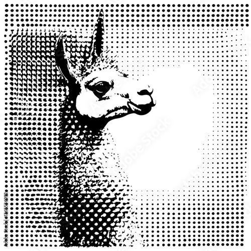 llama portrait in halftone vintage dot style black and white vector illustration
