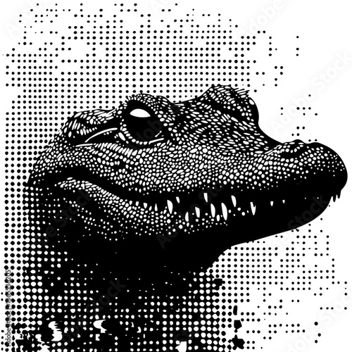 crocodile head in halftone engraving style, black and white retro vector