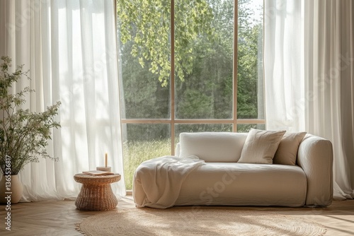 Bright living room interior with white furniture and large window