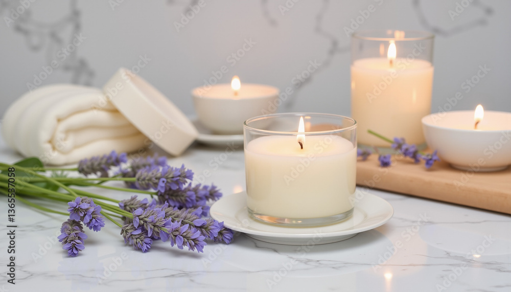Serene Spa Setting With Lavender and Candles, Relaxation and Calm Serene Spa Setting With Lavender and Candles, Relaxation and Calm