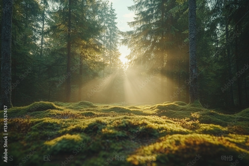 Fototapeta premium Sunlight filtering through forest trees creating golden glow