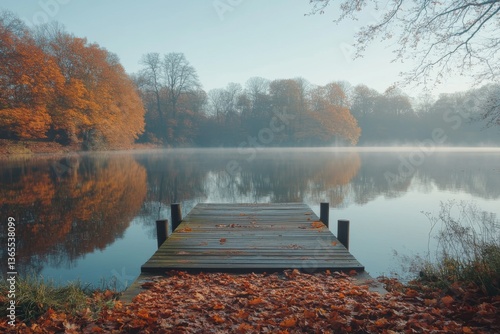 Autumn lake with reflections and dock under overcast sky