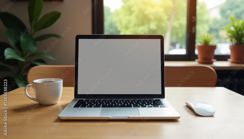 Silver laptop, light wood table, minimalist cafe, Scandinavian, keyboard, mouse Silver laptop, light wood table, minimalist cafe, Scandinavian, keyboard, mouse