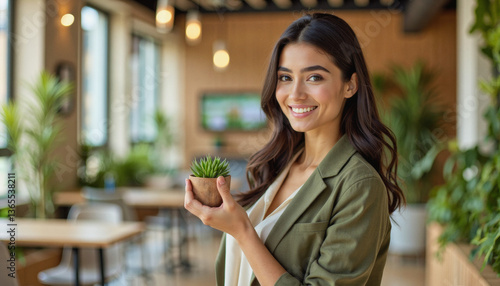 Wallpaper Mural A portrait headshot photo of a friendly professional CEO executive business worker: A smiling young woman with long brown hair holds a small potted succulent plant while standing in a modern, pla Torontodigital.ca