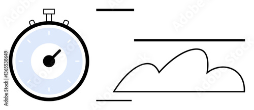Stopwatch and cloud imagery highlights speed and technology. Ideal for time management, cloud computing, productivity, efficiency, fast performance, digital transformation, flat simple metaphor