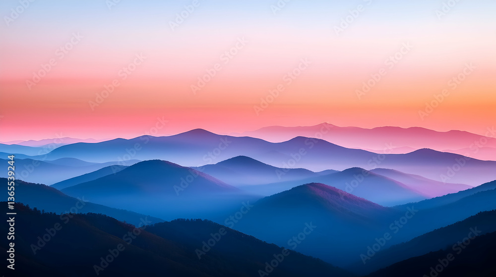 Fototapeta premium Pink And Orange Sunset Over Blue Misty Mountains
