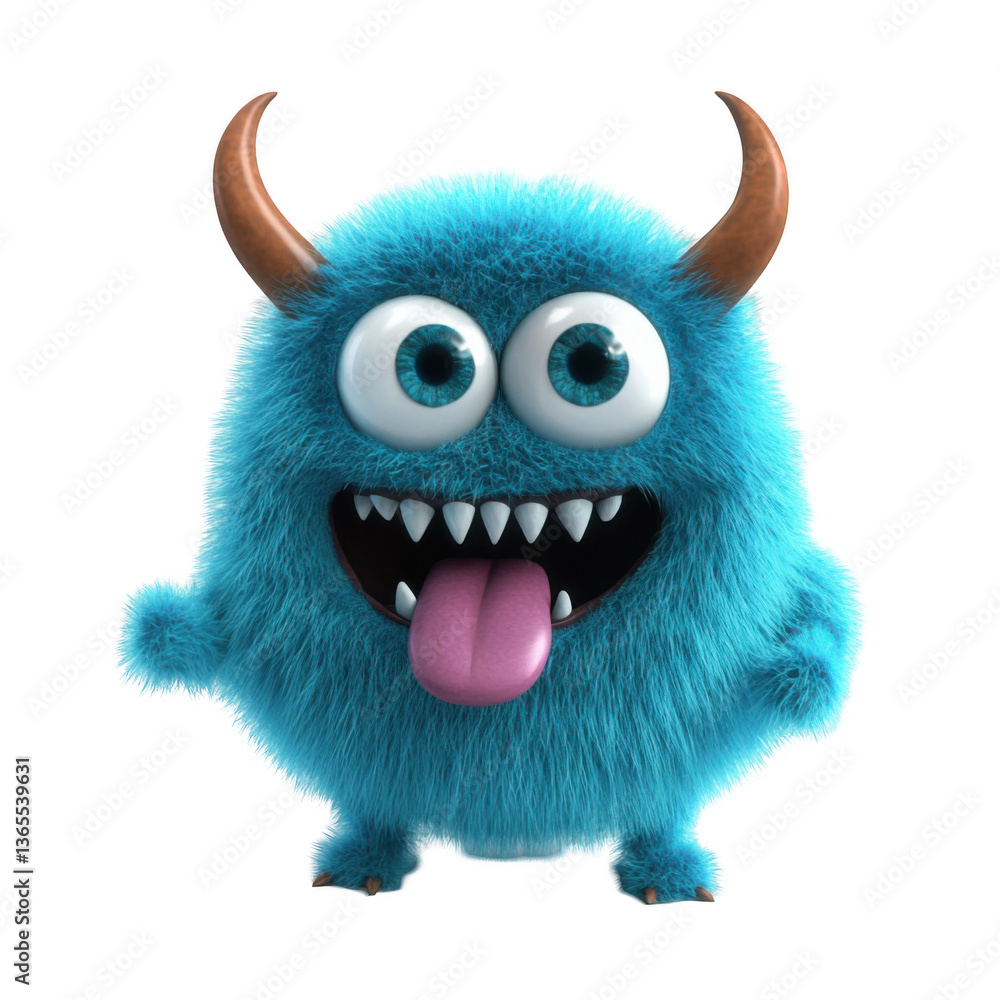 3D cartoon, a happy, cute blue furry monster with horns and big eyes sticking out its tongue, on a white background, png 3D cartoon, a happy, cute blue furry monster with horns and big eyes sticking out its tongue, on a white background, png