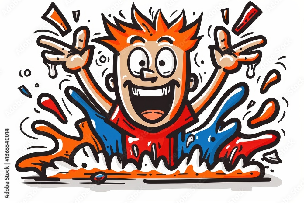 Fototapeta premium A cheerful cartoon character with spiky orange hair splashes joyfully in colorful water, exuding excitement and fun.