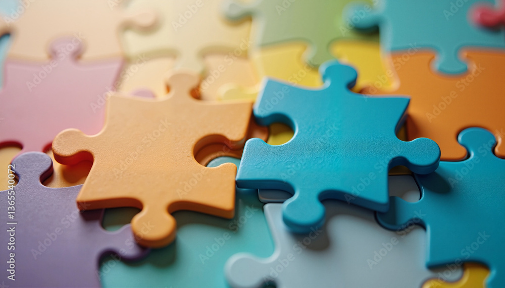 Fototapeta premium Close-up of two colorful puzzle pieces about to connect, soft lighting