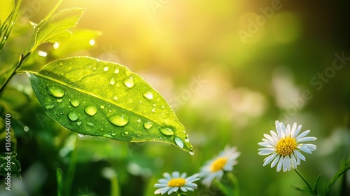 Vibrant green leaf with dewdrops amidst blooming wildflowers, symbolizing nature's resilience and beauty.
