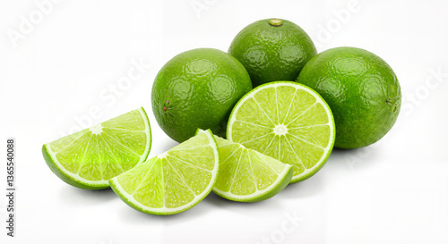 Fresh green limes sliced and whole on a white background  