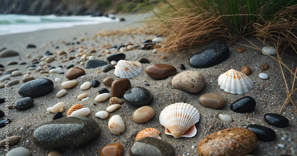 Close-up image of shells, stones, rocks, sea grass on moist sand. Strolling along the beach. Coastal texture and background. Aquatic atmosphere, sharp details. Close-up image of shells, stones, rocks, sea grass on moist sand. Strolling along the beach. Coastal texture and background. Aquatic atmosphere, sharp details.