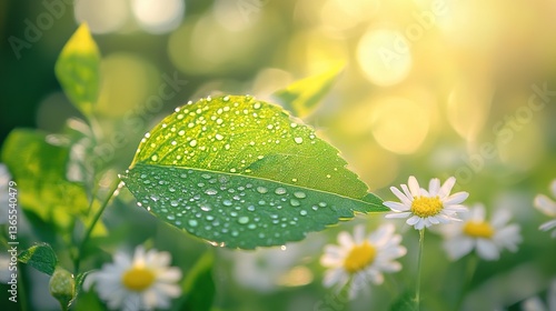 Vibrant green leaf with dewdrops amidst blooming wildflowers, symbolizing nature's resilience and beauty.
