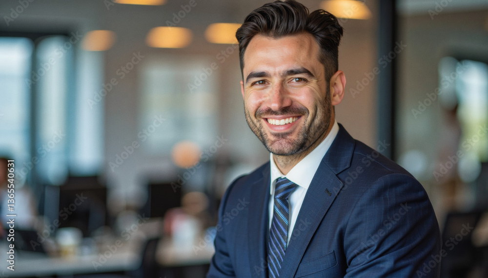Fototapeta premium A portrait headshot photo of a friendly professional CEO executive business worker: A smiling, well-dressed man with dark hair and a beard confidently poses in a modern office setting, radiating 